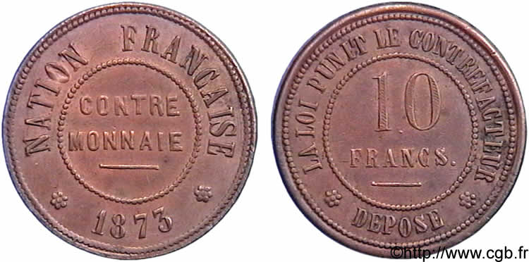 N&deg; m10_0001 Contre-monnaie de 10 francs en cuivre rouge - 1873